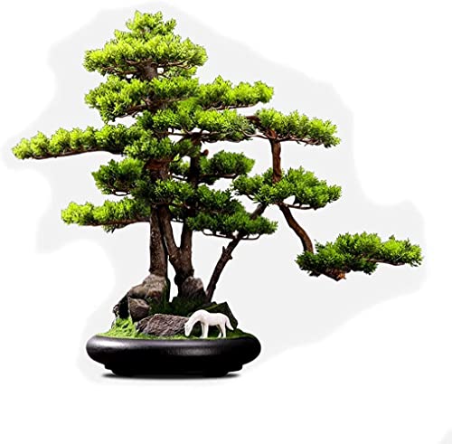 LSHAOBO Árbol de pino artificial bonsái para interiores, decoración de escritorio, piedra natural, cerámica, caballo blanco, musgo realista, decoración de plantas falsas