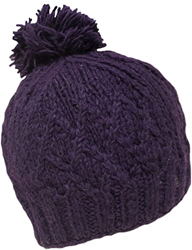 Nepal Hand Knit Sherpa Hat with Ear Flaps, Trapper Ski Wool Fleeced Lined (Purple Bobble)