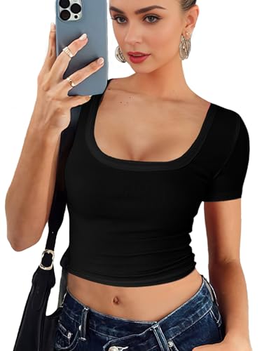 Buauty Women's Crop Tops Scoop Neck Tshirts Ribbed Shirts Short Sleeve Tees Fitted Basic Clothes Slim Tight Fit 20253