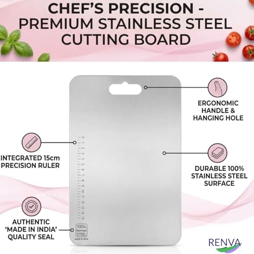 Image of RENVA Stainless Steel Cutting Boards for Kitchen, Double Sided Food-Grade 304 Chopping Board for Meat, Fruit & Vegetable, Rust Resistant Hangable Cutting Board(36x25 cm Silver)