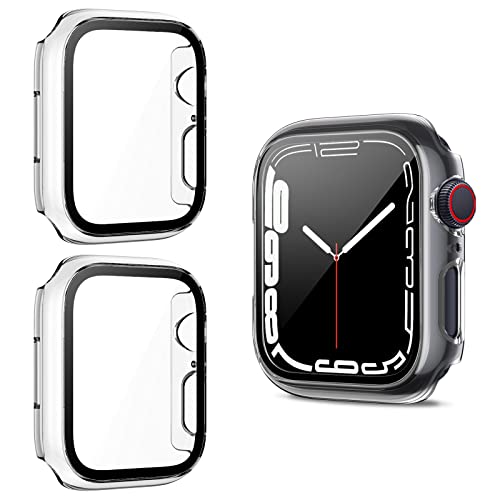 NANW 2 Pack Hard PC Case with Tempered Glass Screen Protector Compatible with Apple Watch Series 8 Series 7 41mm, Black+Black