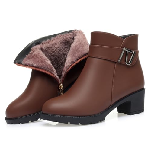 Women's Winter Ankle Boots Waterproof Warm Round Toe Chunky Heel Side Zipper Fur Lined Soft Sole Work Snow Boots