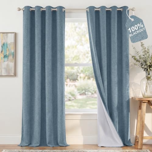 Image of NICETOWN Linen 100% Blackout Stone Blue Curtains for Bedroom White Liner Composite, Grommet Thermal Drapes Home Decor Window Treatments for Living Room /Beach Home, 2 Panels, W52 x L96