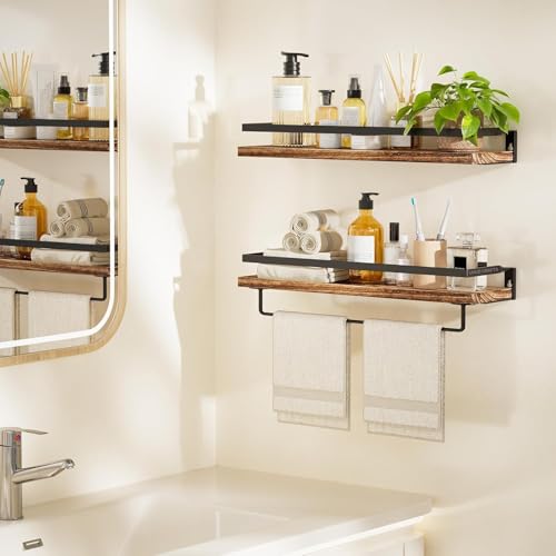 Image of UHUD CRAFTS Set of 2 Bathroom Shelves with Towel Bar, Wall Mount Floating Shelves for Bathroom /Living Room /Kitchen /Bedroom | Dark Burnt Wooden Wall Shelves