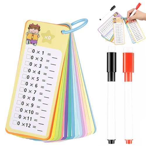 Multiplication Flash Cards 1-12 15PCS Times Table Flash Cards Chart with 2 Dry Erase Markers 1 Rings Educational Times Table Flashcards for 1st to 3rd Grades Classroom Home