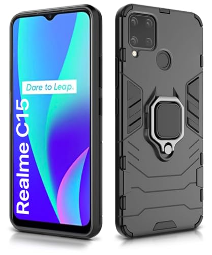 Image of WOW IMAGINE Shock Proof Back Case Mobile Cover for Realme C15 (Tough Armor | Hybrid PC + TPU | Full Protection with Ring Holder & in-Built Kickstand | Black)