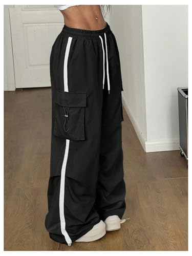 GORGLITTER Women's Baggy Cargo Pants Y2k Wide Leg Stripe Drawstring Elastic Waist Trousers2
