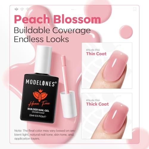 Image of modelones Builder Nail Gel Peachy Pink HEMA-Free Builder Color Gel Polish | 8-in-1 Jelly Pink Rubber Base Gel Polish Strengthener for Nail Extension, Natural Apex, Self-Leveling, U /V Cured Home Salon