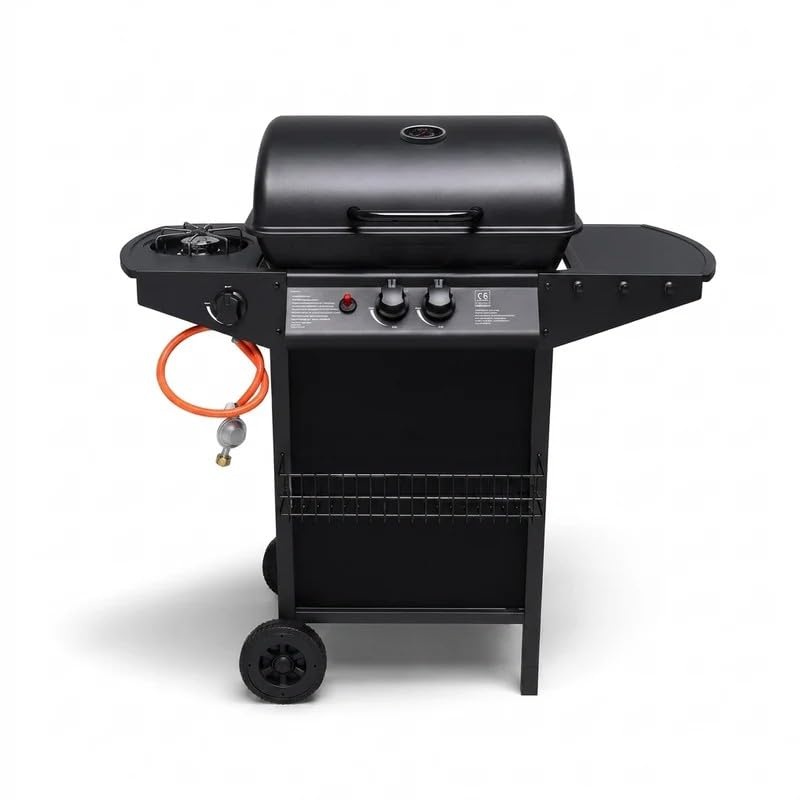 Barbecue a Gas GPL con Pietra Lavica, 2 Bruciatori 2,9 kW + Fornello Laterale 2,5 kW, Coperchio con Termometro e Finestra, Acciaio Inox, Ruote, Total Black, per Giardino e Terrazzo