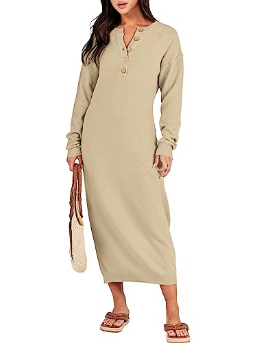 Image of ANRABESS Women Long Sleeve Button V Neck Oversized Casual Loose Fit Waffle Knit Fall Midi Sweater Dress 2026 Trendy Outfits
