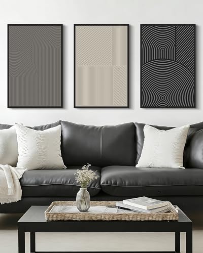Drsoum Mid-Century Modern Framed Wall Art Large 16x24in Minimalist Abstract Boho Neutral Line Wall Decor Geometric Artwork Kitchen Dining Room Black Framed
