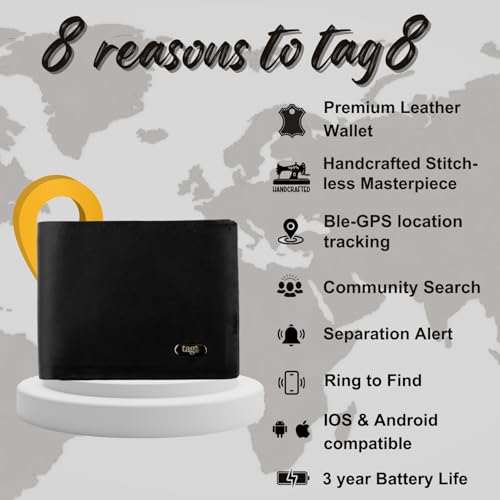 tag8 Dolphin Smart Wallet for Men and Women, Bluetooth Tracker, GPS Location, RFID Blocking | Elegant Handcrafted Leather Design, Premium stitchless Bifold Wallet, Anti-Lost Slim Wallet - Black4