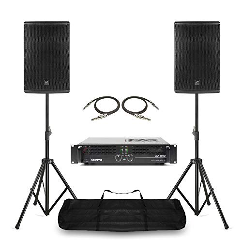 Power Dynamics PD PD410P 10 Passive PA Speaker System Bundle with Pair of Speakers, VXA-1200 Amplifier, Adjustable Stands and Audio Cables - DJ, Disco & Stage Performances 400W RMS