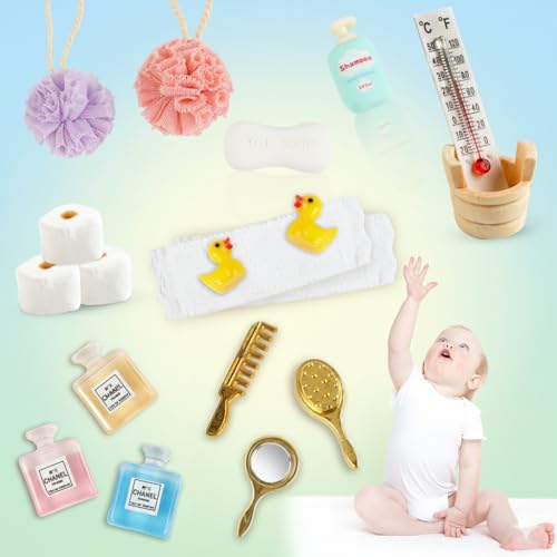 Binlava - Wichtel Zubehör Weihnachten,15 Stück wichtel zubehör Bade Set, Miniatur Puppenhaus Badeutensilien mit Badeschwamm, Zahnbürste, Ente und Toilettenpapierrolle - -25%