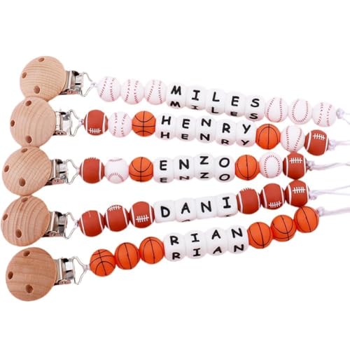 Image of Verxcty Personalized Pacifier Clip with Name for Boy, Basketball & Soccer & Football Pacifier Clip