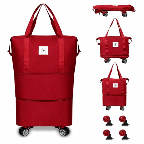 Image of Btag Travel Duffle Bag with Wheels | Convertible Handbag, Trolley & Shoulder Luggage for Clothes | Space-Saving Foldable Travel Companion | Expandable & Waterproof Traveling Bag for Unisex (Wine Red)