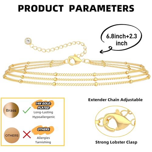 Bracelet for Women - Dainty Stack Bracelets Trendy Adjustable 14K Gold Plated Thin Paperclip Bead Box Satellite Figaro Cuban Link Chain Bracelet Set for Women Waterproof Jewelry Gift