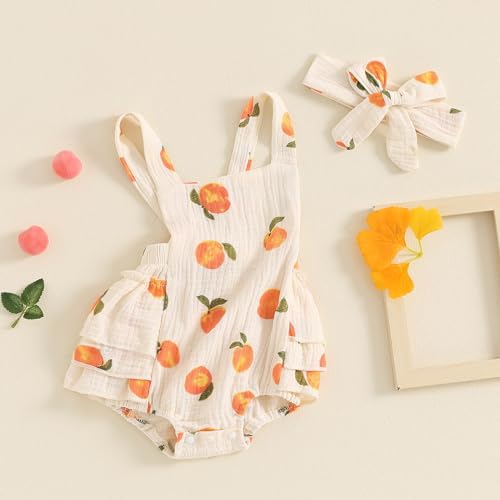 Baby Girl Peach Clothes Cotton Linen Fruit Overalls Romper Sleeveless Side Tiered Ruffled Jumpsuit Summer Outfit3