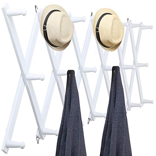 WEBI Accordion Wall Hanger,Wooden Expandable Coat Rack Wall Mounted,Accordion Hat Rack for Wall,Accordion Hook Rack for Hats,Caps,20 Peg Hooks,White