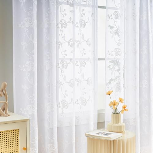 Image of White Sheer Curtains Embroidery 63 Inch Length Rod Pocket Voile Drapes for Living room, Bedroom, Window Treatments Semi Flower Pattern Curtain Panels for Kitchen, Yard, Farmhouse, Set of 2, 52 inchx 63 inch.