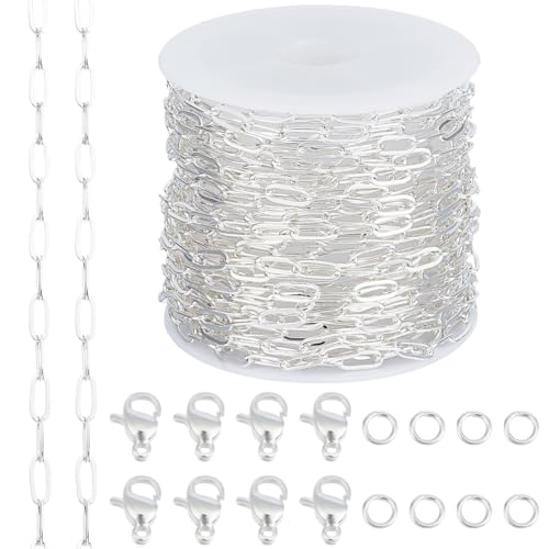 Beebeecraft 1 Roll 16.4 Feet/5m Paperclip Chain for Jewelry Making 925 Sterling Silver Plated Brass Cable Chain with 10Pcs Lobster Clasp 50Pcs Open Jump Ring for Necklace Bracelet Making Kits DIY