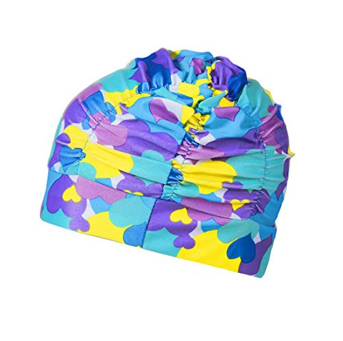Ewanda store Colorful Pleated Nylon Cloth Swim Cap Large Swimming Cap Hot Spring Bathing Caps for Adult Men Women Long Hair(Blue Heart)