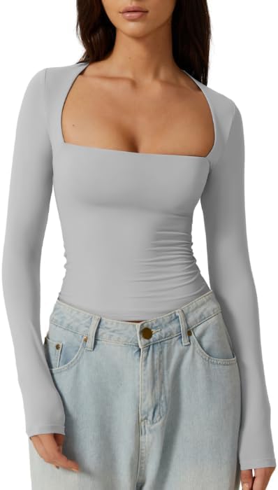 QINSEN Women's Sexy Square Neck Shirt Long Sleeve Double Lined Tees Fitted Going Out Tops