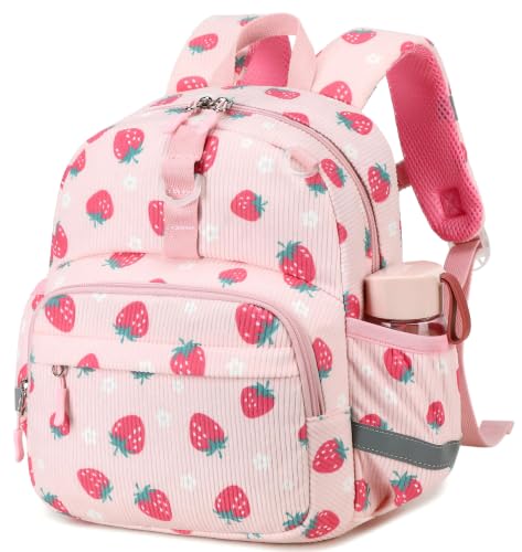 Image of LOIDOU Toddler Backpack for Girls Ages 2-4, 12 Inch Mini Preschool Daycare Bookbag with Insulated Snack Pocket, Corduroy Small Kids Travel Backpack, Pink Strawberry