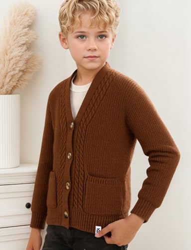 Happy Cherry Boy's Sweater Cardigan - Simple Solid Color Long Sleeve with Pockets Kid Knit Brown Coats for Autumn and Winter 150cm 8-9 Years3