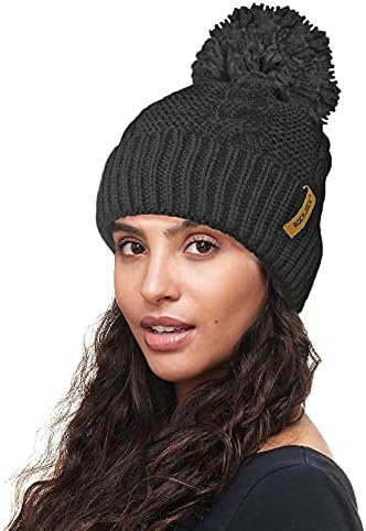 RockJock R80 Warm Chunky Cable Knit Pom Pom Hat with Thermal Insulating Teddy Fleece Liner