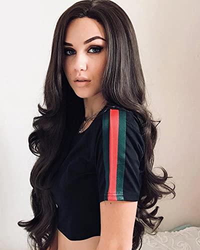 Sapphirewigs Dark Brown Heat Resistant Hair Natural Wave Type Hand Tied Perruque Synthetic Lace Front Wig For Wedding Party #TOP1