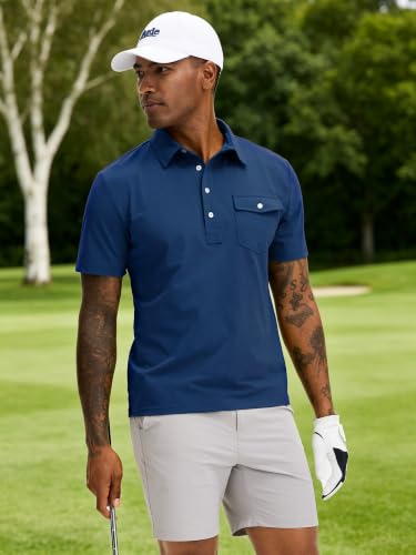 JEMLDL Golf Polo Shirts for Men Quick Dry Stretch Lightweight Slim Fit Polo Shirt with Pocket 4 Button Placket Dark Blue L — view 4