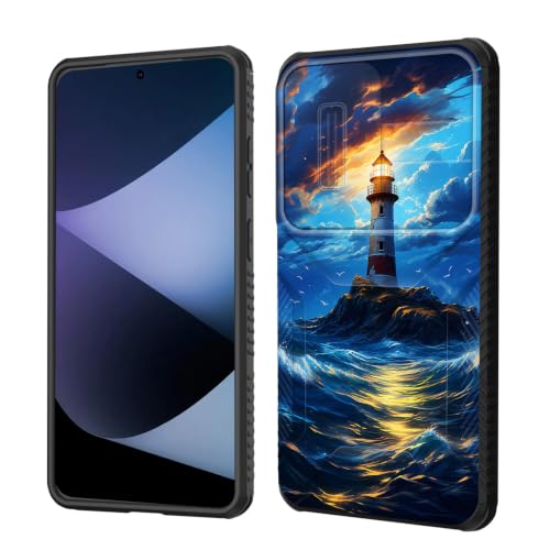 wiaekosef for Galaxy S26 FE Case Built in Slide Camera Lens Cover,Heavy Duty Shockproof Protection Dual Layer Case for Samsung Galaxy S26 FE 6.7" 2026,Lighthouse in Storm