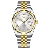 OLEVS Men Watches Elegant Two Tone Waterproof Wrist Watch for Men Casual Affordable Everyday White Face Mens Work Watch with Metal Strap Gentleman Calendar Easy to Read Quartz Watch for Mens