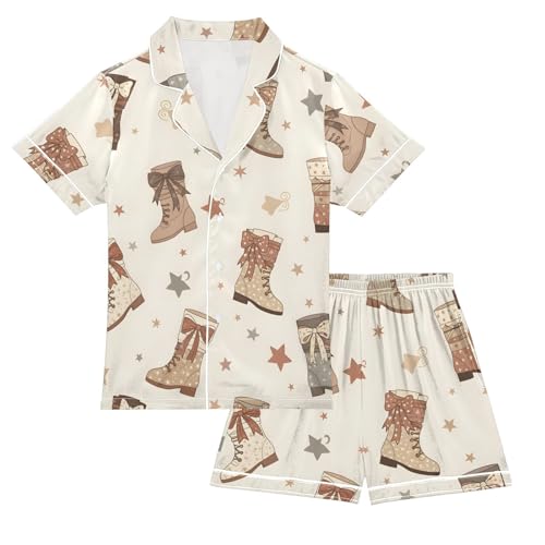 Satin Pajama Sets Short Sleeve Boot Pattern with Stars Button Down Silky Nightwear 2 Piece PJS 5-14Y
