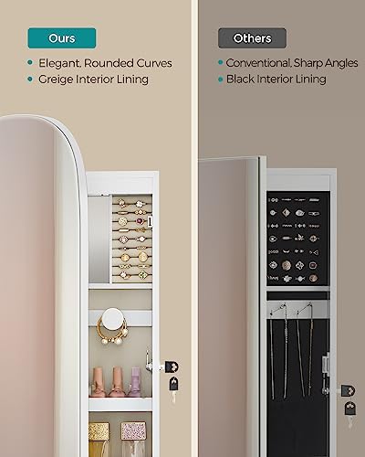 SONGMICS Jewelry Organizer, LED Jewelry Cabinet Wall/Door Mounted, Lockable Rounded Wide Mirror with Storage, Interior Mirror, 3.9 x 16.5 x 42.5 Inches, White Surface with Greige Lining3