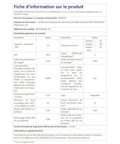 BRANDT BDFI44DQB - vue 6