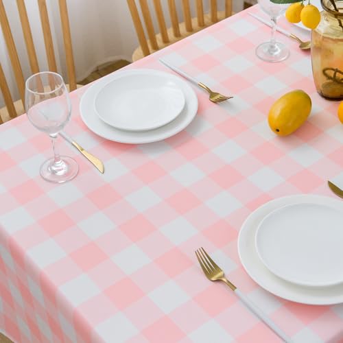 VEDACHIC Pink and White Checkered Tablecloth 60"x 102" Rectangle Table Cloth – Oblong Pink Gingham Buffalo Plaid Polyester Table Cover Washable Reusable Water Resistant for Party Kitchen Dinning by VEDACHIC - Used condition - Image 3