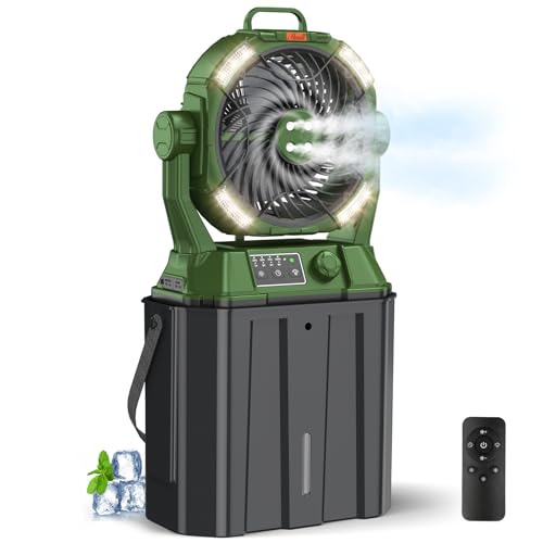 Ahoall Ventilador de nebulización con cubo portátil de 6 L para patios al aire libre, ventilador de niebla recargable de 20000 mAh para acampar con luz LED, 4 rociadores, control remoto, verde