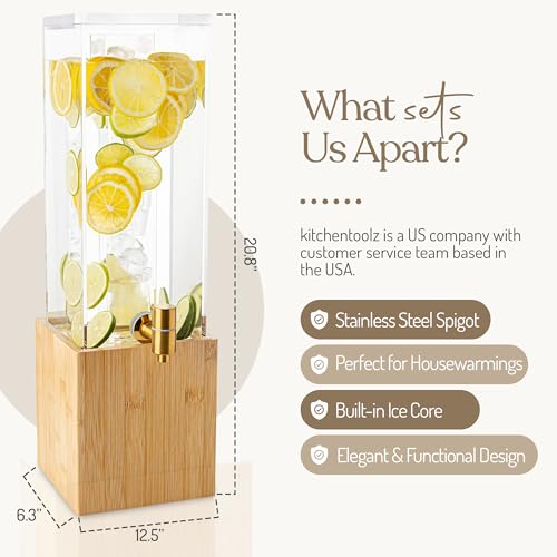 1.25 Gallon Acrylic Beverage Dispenser with Bamboo Stand – Iced Drink Dispenser with Stainless Steel Spigot & Built-in Ice Core