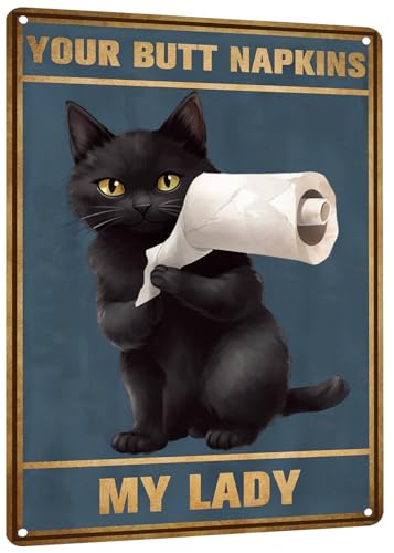 HYBLOM Divertida obra de arte de baño para decoración de pared, servilletas de metal con texto en inglés "My Lady Black Cat" de 12 x 8 pulgadas