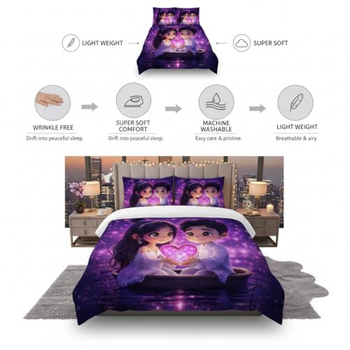 Image of Decor Well 7d Bedsheet for Double Bed King Size with 2 Pillow Covers, Polycotton 220 TC Super Soft & Breathable, Wrinkle Free New Purple Heart Printed Bedsheet Set (90x100 Inch)