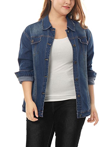 Uxcell Women's Plus Size Stitching Button Front Washed Denim Jacket 1X Blue #TOP2
