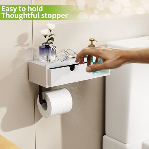 HapiRm Toilettenpapierhalter Ohne Bohren mit Ablage - Klopapierhalter mit Ablage Klorollenhalter Ohne Bohren, Hohe Speicherkapazität Toiletenpapierhalterung Toilettenrollenhalter Holz für Badezimmer