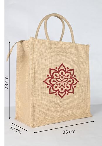 Image of Soman Jute Ecofriendly Return Gift Bags Rangoli printed with Zip Natural Pack of 10 Bags