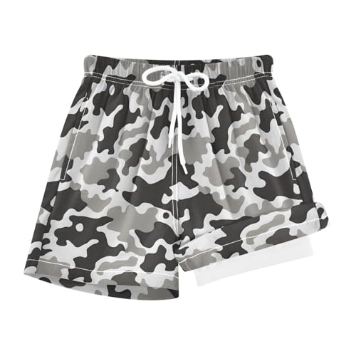 YANENDIE Boy Swim Trunks with Compression Liner Black White Camouflage Boys Swim Shorts Quick Dry Beach Shorts