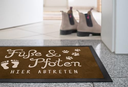 MoonWorks® Fußmatte Füße und Pfoten Hier abtreten Spruch lustig Hund Katze Haustier-Besitzer rutschfest & waschbar Schwarz 60x40cm