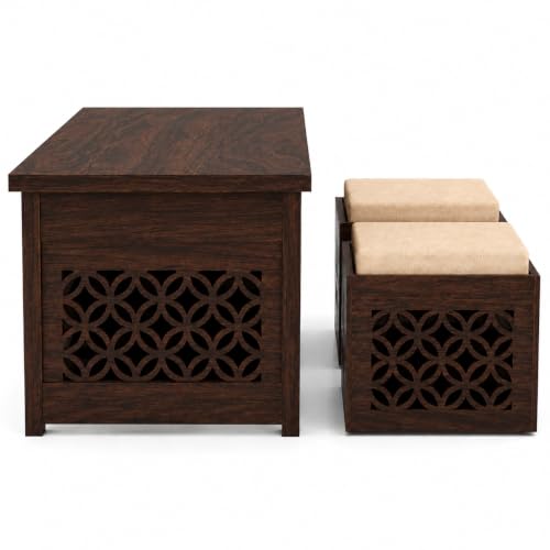 Image of Solid Sheesham Wooden Coffee Table with 2 Cushioned Stool|Teapoy Center Piece for Home Sofa Center Table for Living /Drawing Room,Hall|Space Saving Indoor Tea Table Set(Walnut Finish) CNC