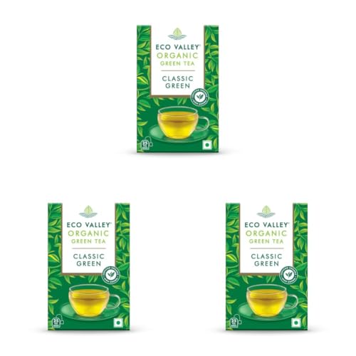 Image of Eco Valley Organic Green Tea - Classic Green- 25 Tea Bags | Boost Energy, Helps Burn Body Fat | Grown in Nilgiris | Zero Calories | Rich in Antioxidants | Good for Digestion | 50 g, Pack of 3