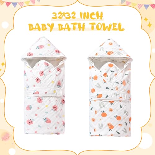 Image of 2 Pack Hooded Baby Bath Towels,Large 32 inchx 32 inch,Cotton Baby Bath Towel with Hood for Infant Toddler and Kids, Soft and Absorbent,Unisex Baby Bath Essentials. (Strawberries /Oranges)